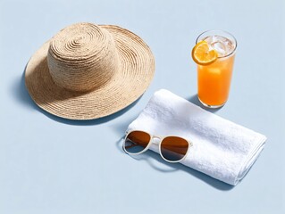 Summer vacation essentials straw hat towel sunglasses orange juice on blue background