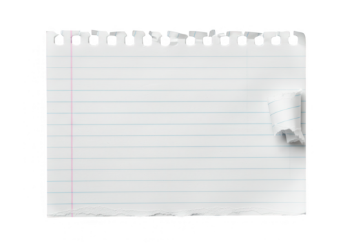Torn sheet of lined notebook paper with a curled edge isolated on a transparent background, ready for notes