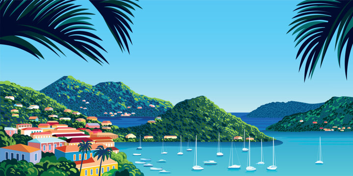 Tropical Island cityscape with caribbean small town, palms, green trees, yachts and blue sea in the background. Handmade drawing vector illustration.