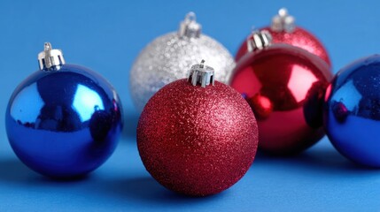 Artificial Christmas ornaments in red and silver on a blue background, festive holiday decoration.