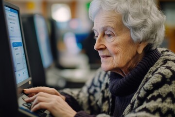 Older person engages with online banking using computer assistance