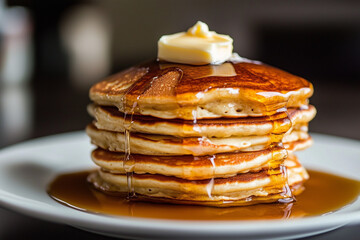 A stack of fluffy pancakes with syrup dripping and a dollop of butter on top