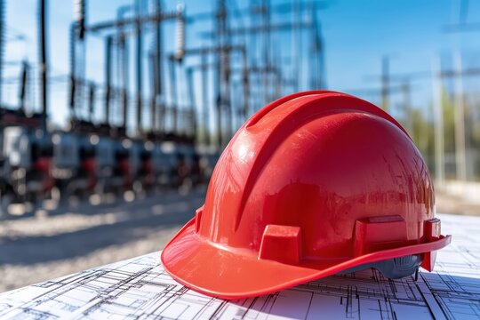 Blueprints and a red hardhat near an electrical substation under clear skies