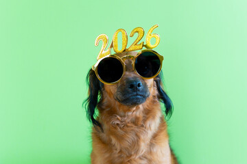 Happy New Year and Merry Christmas 2026 greeting banner or postcard. Funny shepherd dog with carnival glasses with new year numbers 2026. Green background. beagle