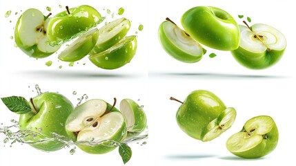 Four images of green fruit slices with water splashes, a healthy, fresh food concept