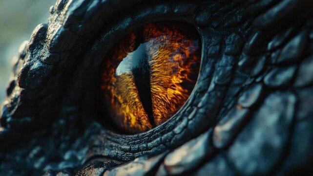 Close-up of an animated dragon's eye with a glowing iris and fiery pupil, set against a realistic backdrop.