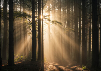 Obraz premium Magical Morning Sun Rays Through Misty Forest with Tall Trees and Golden Fog in Dreamy Atmospheric Light