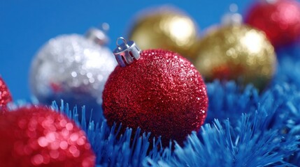 Blue Christmas tree decorated with colorful ornaments in a festive holiday setting.