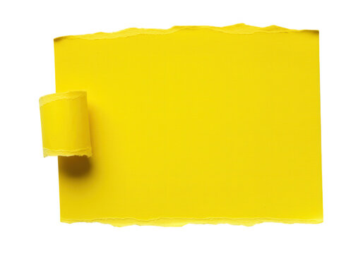 A vibrant yellow paper with a curled edge and torn texture creates a bright background isolated on transparent background