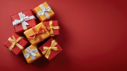 Fototapeta premium Top view of multiple small gift boxes with red and gold wrapping arranged in a corner on a red background with lots of copy space