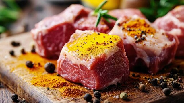 The  features a wooden board with beef cubes that have been seasoned with garlic, peppercorns, and other spices. They are displayed on a table and appear ready to be cooked for consumption.