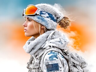 Woman warrior in winter camouflage ready for battle