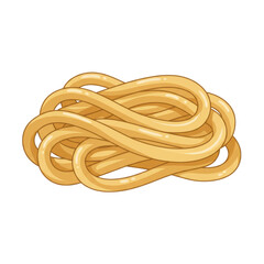 A heap of golden pasta noodles artfully arranged on a white background
