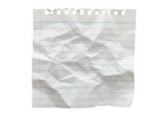 A crumpled sheet of lined paper with a torn edge lies isolated on a transparent background