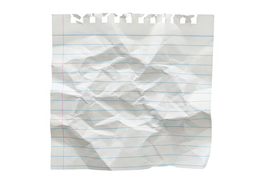 A crumpled sheet of lined paper with a torn edge lies isolated on a transparent background
