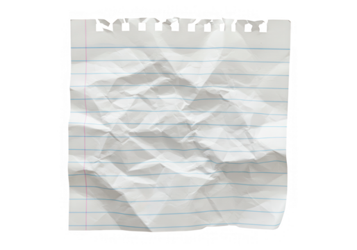 A crumpled sheet of lined paper with a torn edge lies isolated on a transparent background
