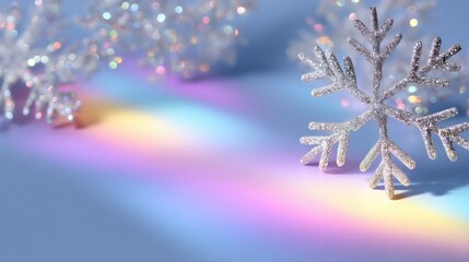 Close-up of white snowflakes scattered on a vibrant blue surface with a subtle rainbow reflection.