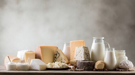 Fresh dairy products neatly arranged on a rustic wooden table in natural light