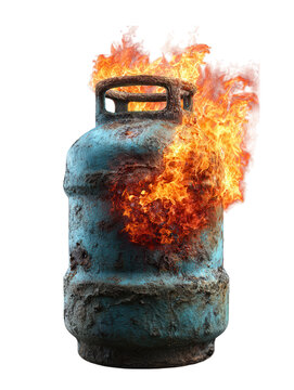 Rusted propane tank engulfed in intense orange flames