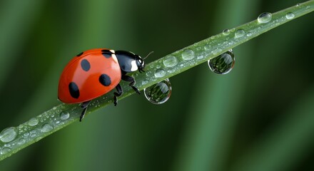 Ladybug on Dewy Grass Blade - Macro Insect Photography