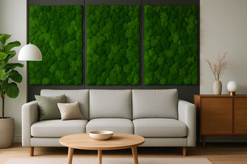 Modern interior with stabilized forest moss decor on the walls