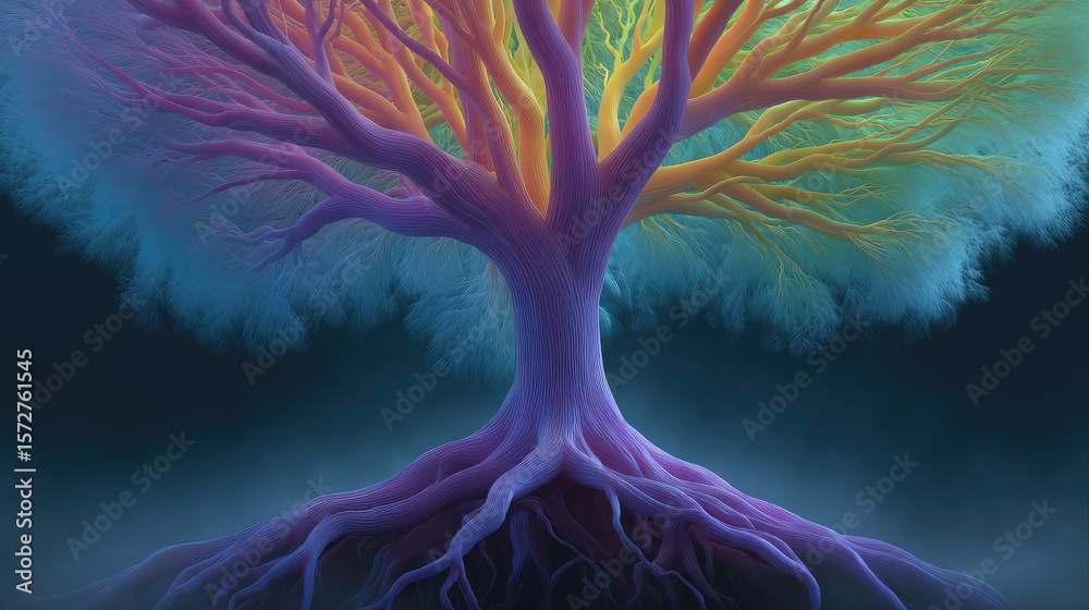 Poster vibrant digital rendering of tree of life with colorful branches and deep roots, background with cop