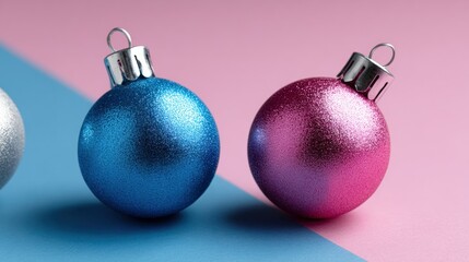 Three glossy Christmas ornaments resting on a vibrant blue and pink gradient background.