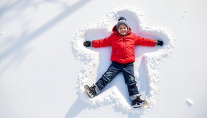 Young boy making snow angel while smiling in winter snow  
