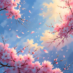 Beautiful cherry blossom tree in full bloom with petals against a blue sky