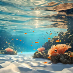 Underwater coral reef scene with tropical fish and clear ocean water view