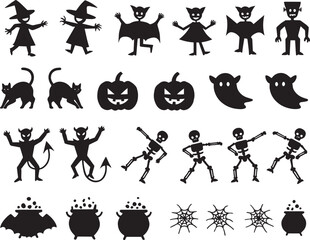 Spooky Halloween Silhouette Icon Set – Ghosts, Witches, Bats and Pumpkins Vector