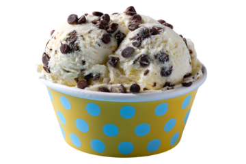 Delicious vanilla ice cream with chocolate chips in a yellow polka dot cup isolated on transparent background