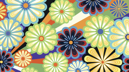 A vibrant display of retro floral patterns with a colorful burst background and flower designs