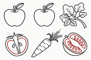 A simple line drawing of fruits and vegetables with red accents