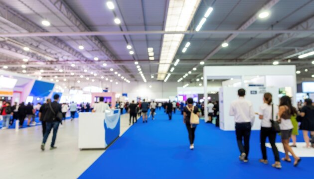 blurred people at exhibition hall of expo event trade show. Business convention show or job fair. Business concept background 