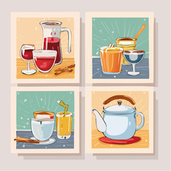 Collection of Hand-Illustrated Retro Posters in Dolce Vita Aesthetic, Featuring Playful Depictions of Wine Glasses, Cocktails, and Coffee Pot. Dining and Culinary Art Vector Illustrations.