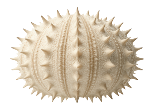Sea urchin shell with a spiked surface and symmetrical, radial pattern