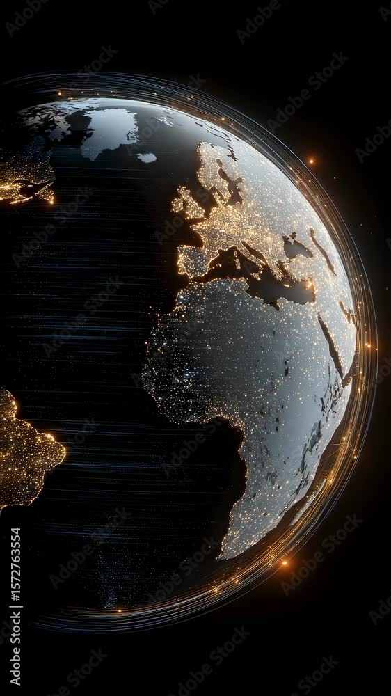 Poster a conceptual visualization of a rotating earth with a mesh of glowing circuits symbolizing the integ