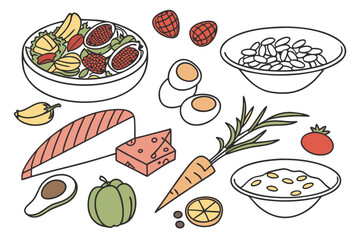 A variety of healthy foods are arranged for a balanced and nutritious meal