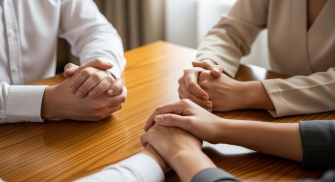 People holding hands across a wooden table in a meeting