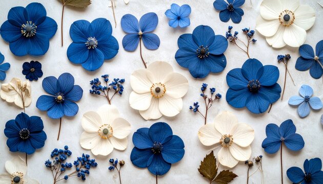 Blue and White Pressed Flower Collage on Textured Paper Background