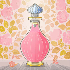 Line art perfume glass bottle in vintage style. Coquette design of potion flask. Hand drawn elixir. Outline vector illustration