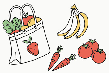 A cheerful grocery bag filled with fresh produce and a bunch of bananas