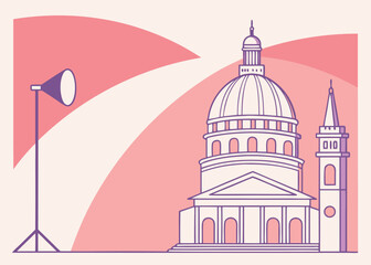Pink and Purple Illustration of a Building with Dome and Spotlight