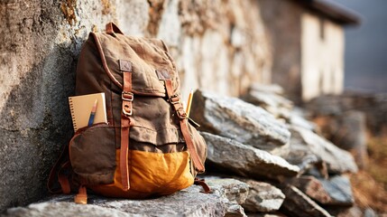 Backpack leaning on stone wall, journal and pencil sticking out