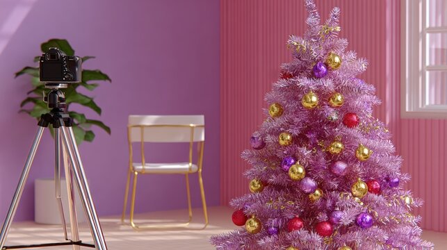 Purple Christmas tree decorated with ornaments beside a vintage camera in a cozy indoor room. - Powered by Adobe