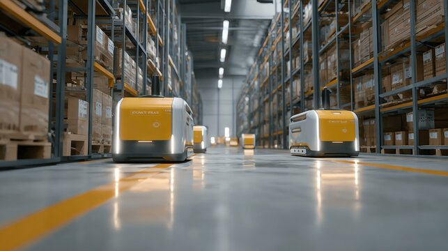 AI powered logistics system Autonomous robots working in a modern warehouse