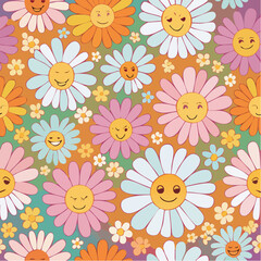 70s seamless vector pattern with vintage daisy or camomile groovy flowers. Psychedelic floral background with smiling faces. Fun hippy texture for surface design, wallpaper, wrapping paper, ...