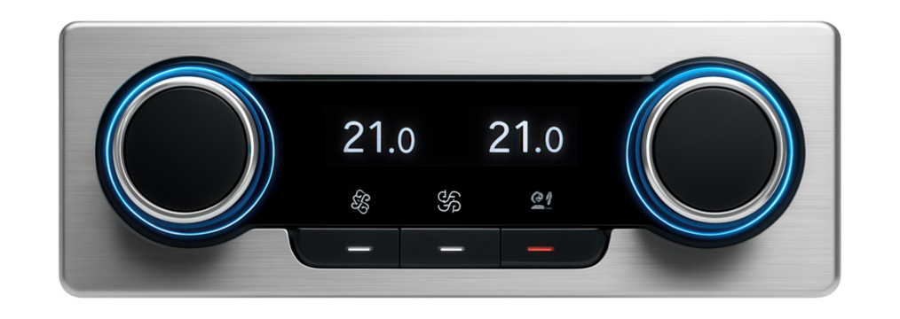 Dual-zone climate control panel with rotary knobs and digital display
