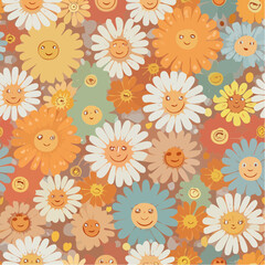 70s seamless vector pattern with vintage daisy or camomile groovy flowers. Psychedelic floral background with smiling faces. Fun hippy texture for surface design, wallpaper, wrapping paper, ...
